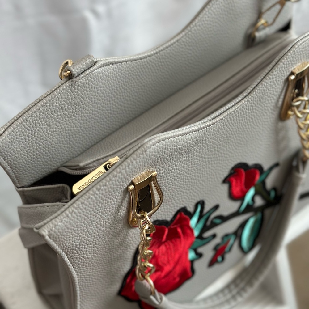 Red and Gray Shoulder Bags with Floral Embroidery